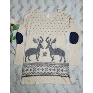 Vanilla Bay‎ Beige Cream Gray Reindeer Print Elbow Patch LongSleeve Sweater Sz S